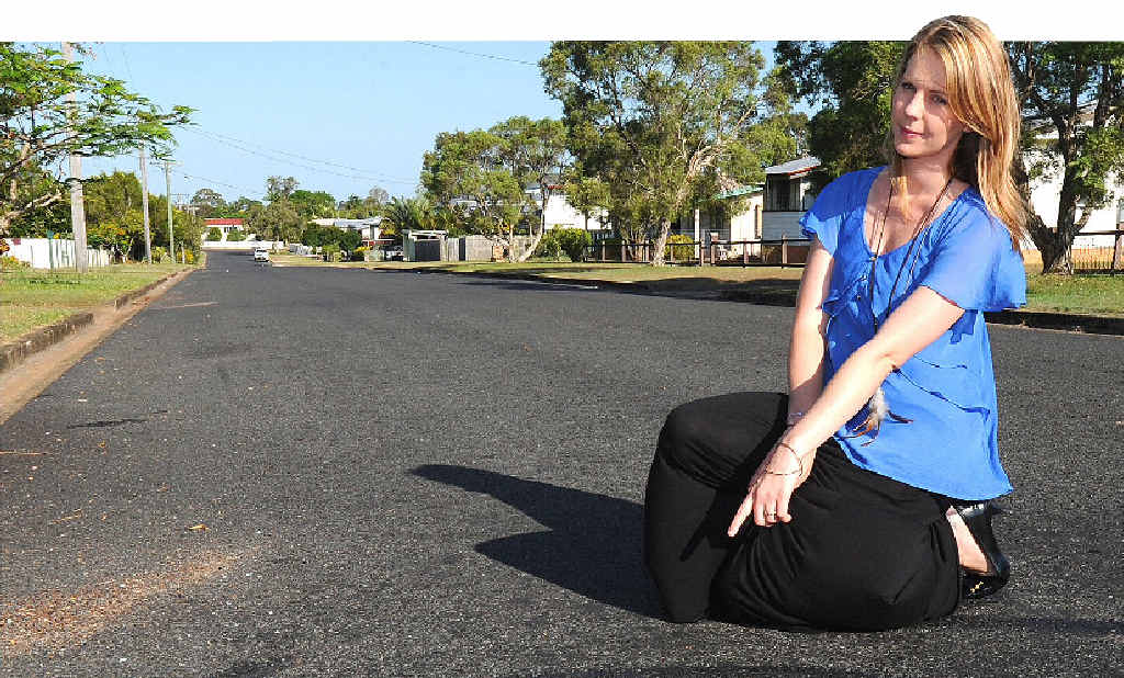Maryborough’s Rebecca Pope points out tyre marks left from hoons in her street. Maryborough’s Rebecca Pope points out tyre marks left from hoons in her street.